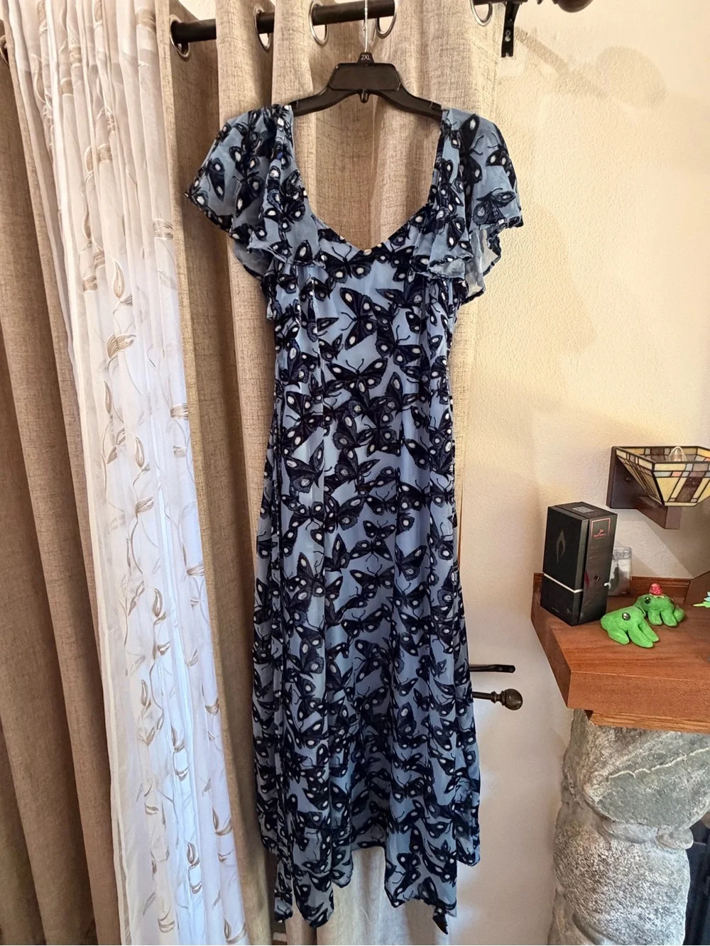 La Femme En Noir Corpse Bride Butterfly Print Maxi Dress in Lavender and Black